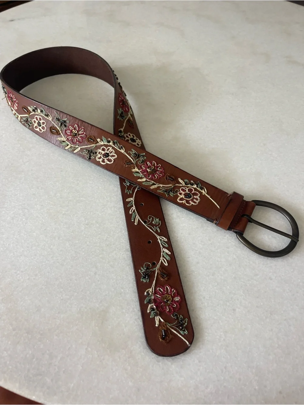 Brown Leather Belt Floral Embroidery Beading Boho Festival
